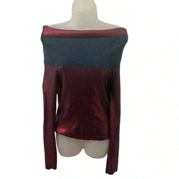 Zara Metallic Red Off The Shoulder Top Size Large - Picture 1 of 6